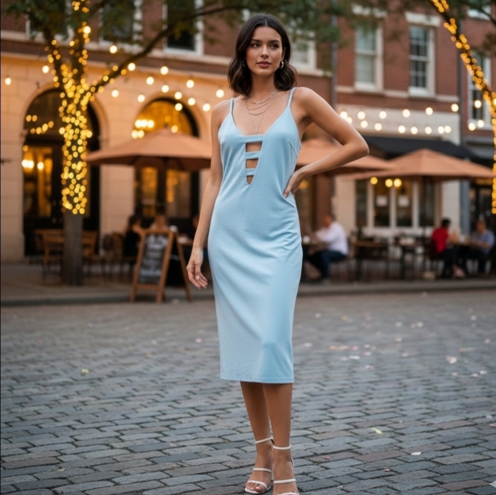 Forever 21 Dress,   Blue Sleeveless Plunging neck Line, Midi, Sheath, L NWT✔️